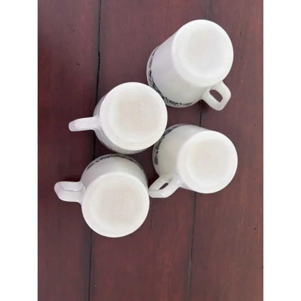 Set of 4 Vintage Pyrex Milk Glass Mugs Blue Floral‎ Coffee Cups USA